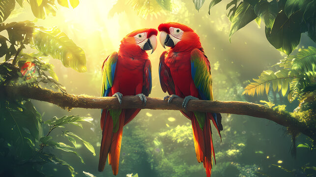 Vivid parrot pair perched on a sunlit branch, enhancing the serene beauty of a lush, green forest backdrop. Shadowsong. Illustration