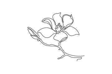 Single one line drawing of beauty fresh magnoliaceae for garden logo. Decorative magnolia flower concept for home wall decor art poster. Modern continuous line draw design graphic vector illustration