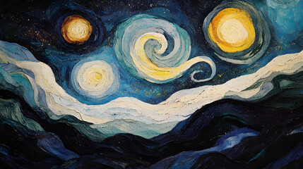 An abstract depiction of a starry night sky with exaggerated swirling stars in shades of white, yellow, and pale blue, contrasted by dark, undulating shadows 