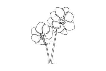 Single one line drawing beauty fresh anemone flower for garden logo. Decorative perennial windflower for home wall decoration poster print art. Continuous line draw design graphic vector illustration