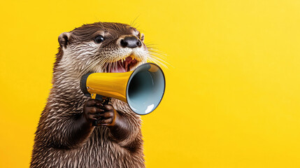 Otter, yellow background, otter holds a megaphone in hand, simple, cute