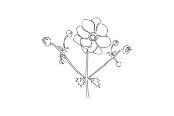 Single one line drawing beauty fresh anemone flower for home art wall decor poster print. Decorative perennial windflower for invitation card. Continuous line draw design graphic vector illustration