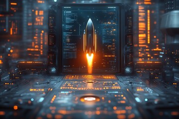 Rocket launching from futuristic control panel.