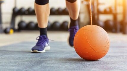 Naklejka premium Dynamic Woman Engaging in HIIT Workout with an Orange Medicine Ball in Gym Setting