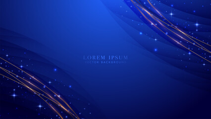 Blue elegant background with dynamic golden curves, shining stars, and sparkling light effects