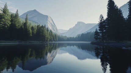 Calm lake reflecting mountains and forest at sunrise.