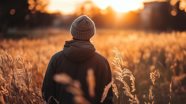 A man standing in a field at sunset, contemplating life. - Powered by Adobe