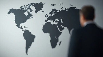 man stands in front of world map, contemplating global connections and opportunities