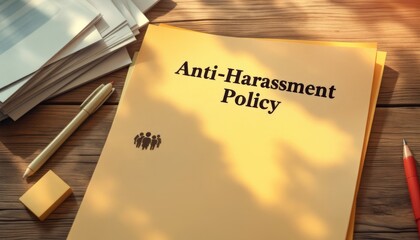 Anti-Harassment Policy document with group icon on a wooden surface, alongside additional documents and writing tools