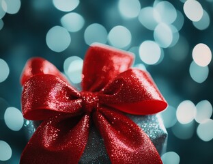 Silver gift box with red ribbon bow, bokeh background.
