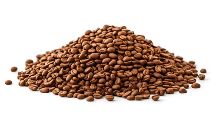 Pile of premium roasted coffee beans arranged aesthetically on clean white background, capturing texture, and vibrant gourmet details for artistic photography concepts.