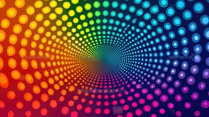 A vibrant, swirling pattern of colorful dots creates a hypnotic visual effect, transitioning smoothly from red to blue.
