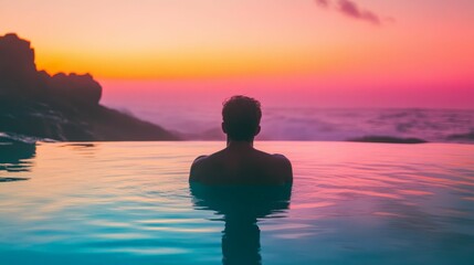 Fototapeta premium Silhouette of a man swimming in the ocean at sunset