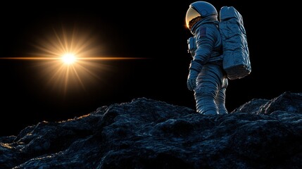Obraz premium Astronaut Observing the Sunrise Over Rugged Alien Terrain in Space Exploration