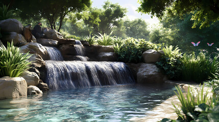 Naklejka premium Serene spring waterfall oasis - photorealistic nature landscape with crystal clear pool, lush greenery, and chirping birds. Shadowsong. Illustration