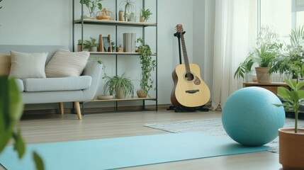 Inviting Indoor Space with Yoga Mat and Exercise Ball Surrounded by Lush Green Plants and Cozy Decor
