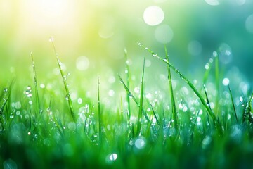 Fototapeta premium Dew-covered grass blades in sunlight.
