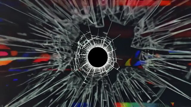 Shattered screen. Hole crack. Grainy glass surface with broken pixels leakage ink. Damaged glitch digital equipment with deformed display overlay.
