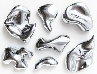 Abstract silver metallic shapes, liquid metal forms, glossy reflective blobs on white.