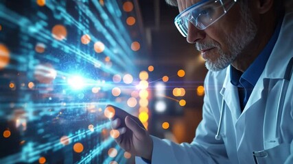 Scientist Exploring Digital Data: A focused senior scientist, wearing safety glasses, interacts with a vibrant, dynamic digital data stream.