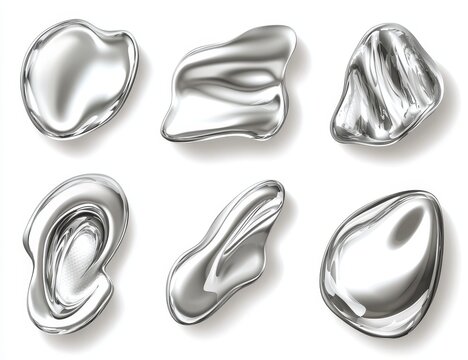 Six abstract silver liquid shapes isolated on white.