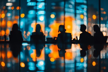 Silhouetted businesspeople in meeting at night, city lights reflected on table.