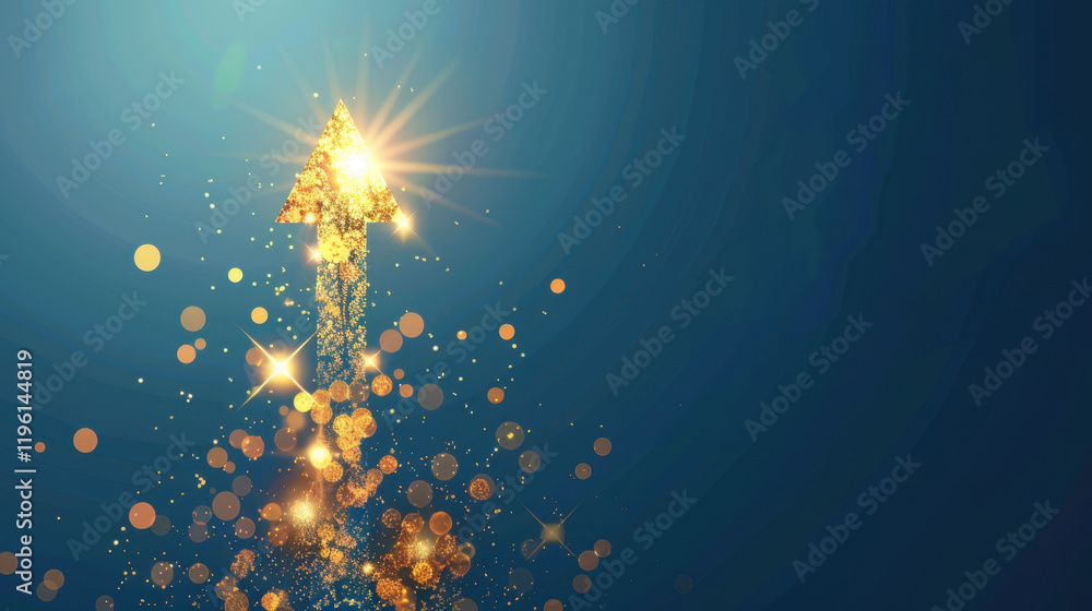 Poster sparkling golden arrow points upward, surrounded by shimmering particles and bokeh effects, symboliz