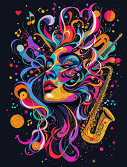 Fototapeta premium Abstract Jazz Concert Poster with Multicolored Woman's Face and Musical Elements. Artsy promo flyer or invitation. Colorful part woman go. Design for wall art, art prints, posters, and cards