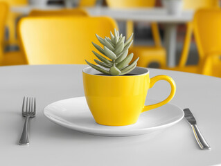 vibrant yellow cup with succulent plant sits on white plate, creating cheerful dining scene