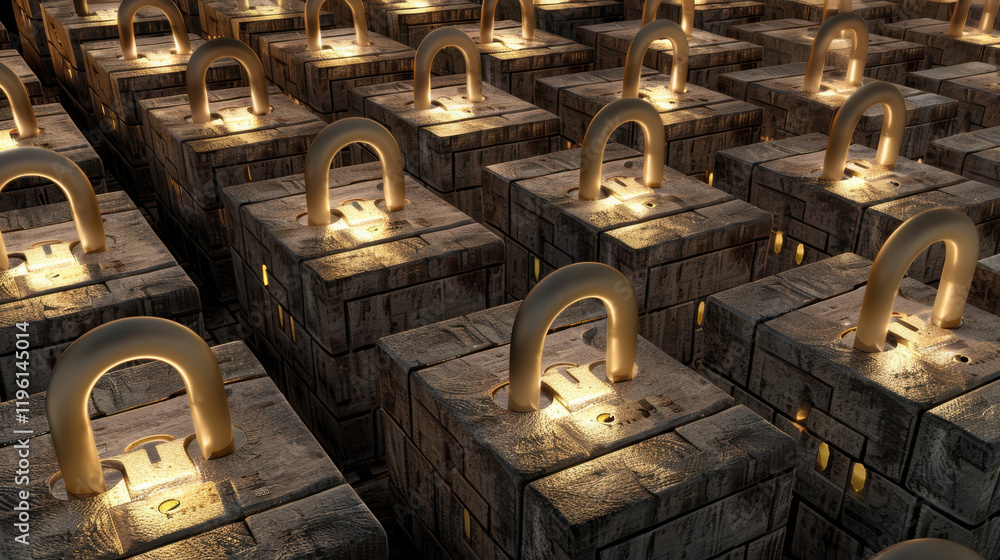 Poster secure locks on wooden boxes illuminated in dark setting create mysterious atmosphere. arrangement s