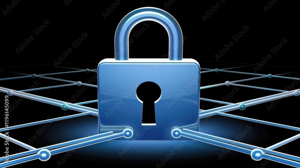 Poster digital padlock symbolizing online security and data protection, surrounded by network of connection