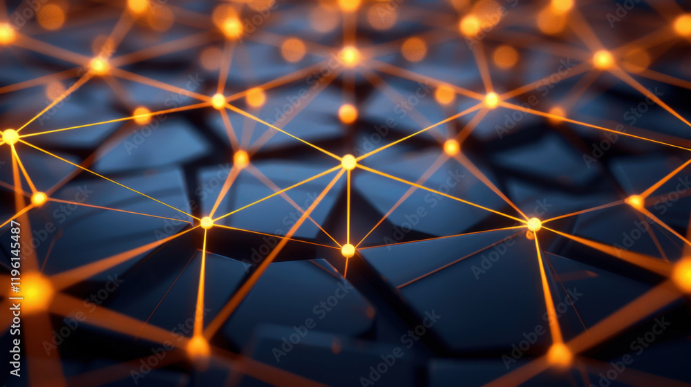 Poster close up view of network of glowing orange lines and nodes on dark background, representing digital 