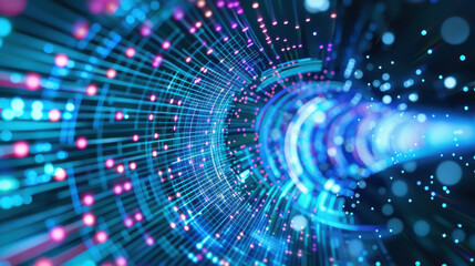Abstract digital tunnel with glowing lines and particles, creating sense of depth and motion. vibrant blue and pink colors enhance futuristic feel