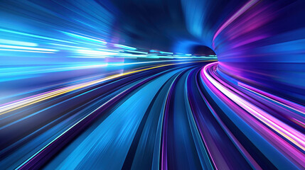 Abstract motion blur of colorful lights in tunnel, creating sense of speed and movement. vibrant blue and purple hues enhance dynamic atmosphere
