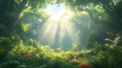 Sunbeams illuminating lush green forest floor. (1)