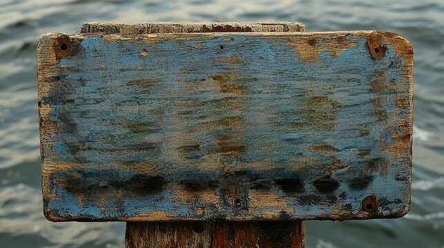 A weathered blue sign on a wooden post above water, suggesting a location marker or informational display.