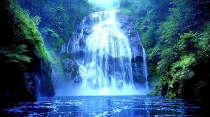 A serene waterfall cascading into a tranquil blue pool surrounded by lush greenery.