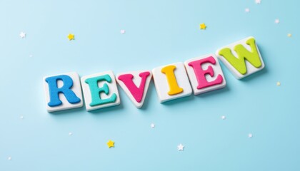 Colorful wooden letter blocks spelling 'REVIEW' on a light blue background with stars