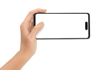 Fototapeta premium hand holding smartphone mockup horizontally isolated on background