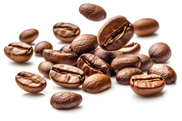 Naklejka premium Coffee beans falling mid-motion against white background, captured with soft shadows and highlights to highlight movement, texture, and aroma for artistic and dynamic beverage photography concepts.