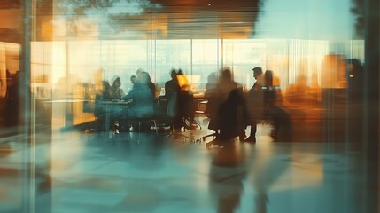 Blurred Office View of People Working Behind Glass Panels