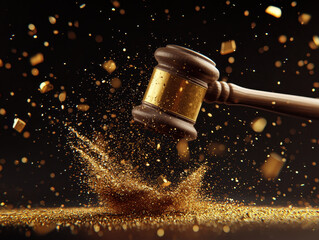close up of auction hammer striking surface, creating burst of golden particles. scene conveys excitement and anticipation