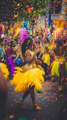 Woman in yellow carnival costume dancing in a vibrant parade.