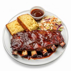 A hearty BBQ beef ribs platter with cornbread and coleslaw, isolated white background, hyperrealism art style