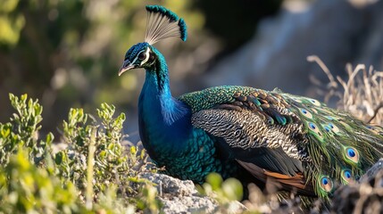 Obraz premium Majestic peacock perched on rocks, vibrant plumage.