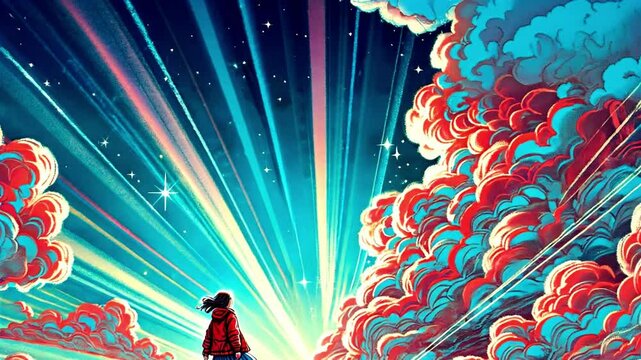 Animated Scene of Girl on Rocky Cliff Gazing at Vibrant Sky with Beams of Light, Colorful Clouds, and Stars in a Dynamic Horizon