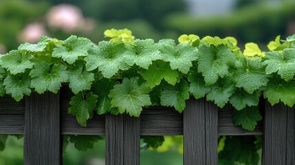 A close-up of lush green leaves draping over a wooden fence, showcasing nature's beauty and tranquility.
