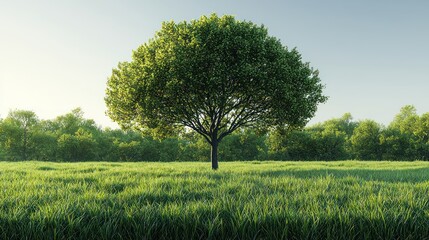 Fototapeta premium Solitary Tree in a Verdant Meadow: A Serene Landscape