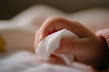 A close-up of a child's hand holding a clean tissue, set against a softly blurred background, evoking a sense of tenderness and care.