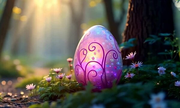 a glowing pink Easter egg placed in a forest. The Easter egg features branch-like patterns etched on its surface, surrounded by small flowers and bathed in soft sunlight, creating a dreamy atmosphere.
